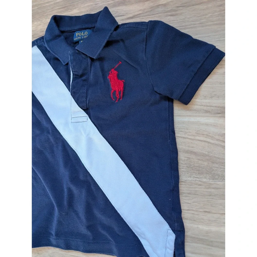 Polo Ralph Lauren Kids Blue Short Sleeve Polo Shirt Rugby Stripe Big Red Pony 4T